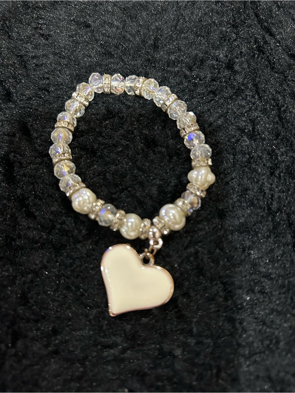 Crystal Pearl Stretch Bracelet with Cream Heart Charm